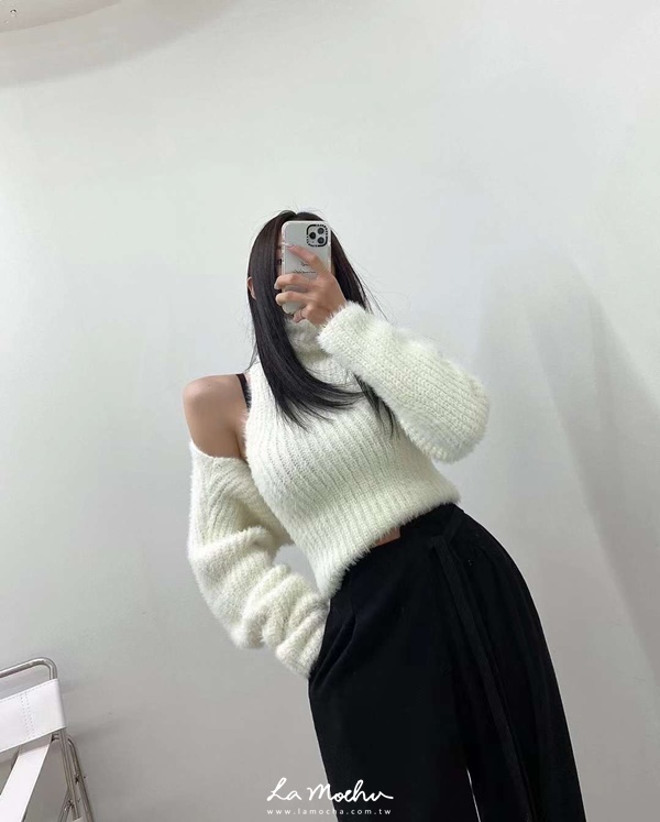 馬海毛高領削肩背心